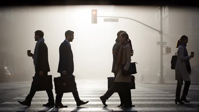 commuter and pedestrian silhouette crosswalk in urban morning. briefcase and coffee carried by commuter and pedestrian wearing coat. traffic moves past crosswalk on street. silhouette casts shadow.