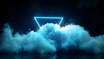 Inverted neon blue triangle glowing behind massive cloud bank reflecting on dark water for minimalist abstract landscape design and modern tech promotional background with vast night sky atmosphere
