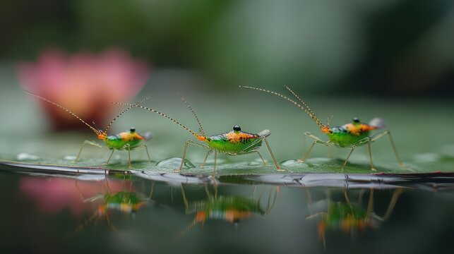 Three Tiny Green Grasshoppers with Long Antennae Skittering Across Water Surface