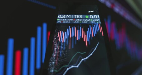 Close-up of a smartphone showing stock market charts and price indicators, symbolizing mobile trading, financial technology and real-time market analysis - Powered by Adobe