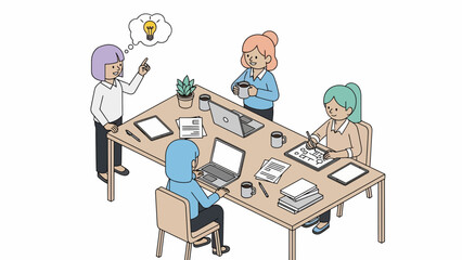 Team of people brainstorming at a large L‑shaped office table with laptops, pens, and a lightbulb idea bubble in a collaborative workplace setting