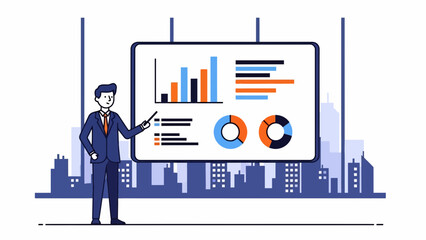 Man in suit with a pointer presents data on screen with graphs and charts to an audience in a cityscape environment, from viewpoint during presentation