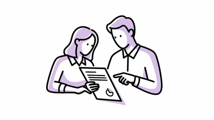 Man and woman collaboration review a document in a minimalist line illustration on a white background