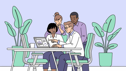 Business Casual Collaboration Among People Around White Table With Green-Cushioned Chairs, Green Plants, Illustrative Style, Productivity Atmosphere