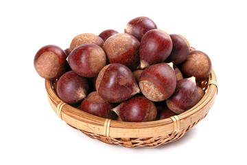 Obraz premium Fresh Raw Chestnuts in Woven Basket - Alpine Fujian Jianou