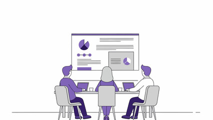 Collaborators Working Around a Table with Laptops, Purple Screen, Minimalist Design in a Modern Meeting Room
