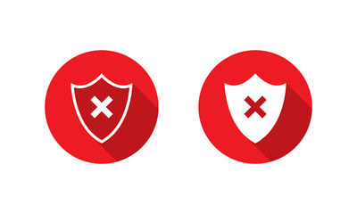 Obraz premium Shield with cross mark icon. Security error, protection disabled, and access denied symbol with long shadow