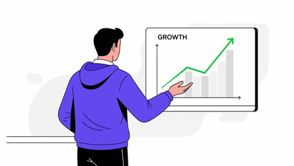 Man in Purple Hoodie Points to Upward Growth Trend on Large Graph Screen for Audience During Presentation
