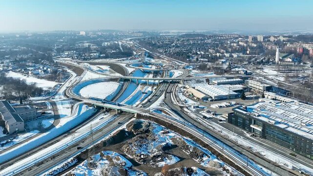 Krakow, Poland. Grebalow highway and tramway interchange under construction in winter. Partially open for traffic. Last fragment of ring road around Krakow. State in January 2026