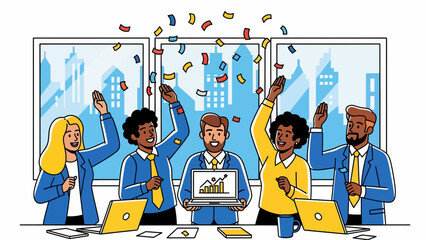 Five Business People Celebrate in Front of a Large Window with Laptops and Confetti over Cityscape