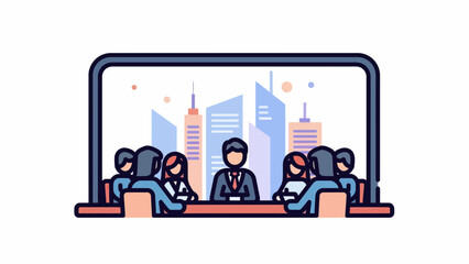 Animated Video Conference Scene Showing Business Professionals and People at a Table Facing a Cityscape Screen with Headsets
