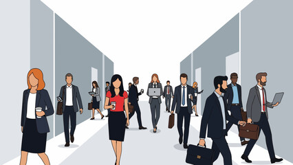 Professionals Walking Through Hallway in Business Attire Captured in Neutral Environment from Front View