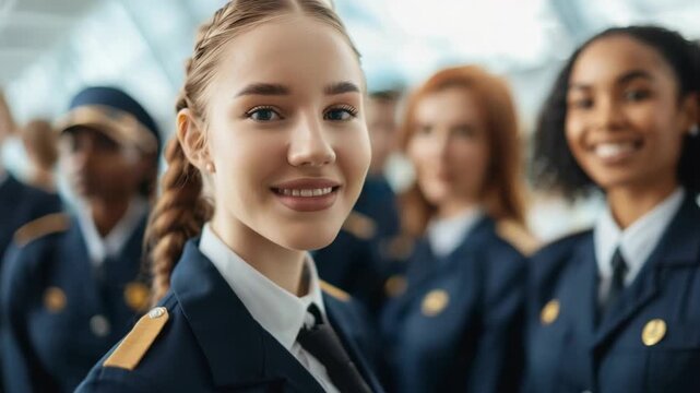 Young female pilot cadet smiling with her diverse team