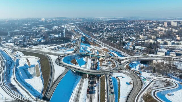 Krakow, Poland. Grębał&oacute;w highway and tramway interchange under construction in winter. Partially open for traffic. Last fragment of ring road around Krakow. State in January 2026