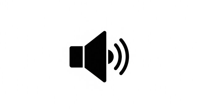 A minimalist black speaker icon with sound waves emanates from the right on a clean white background.
