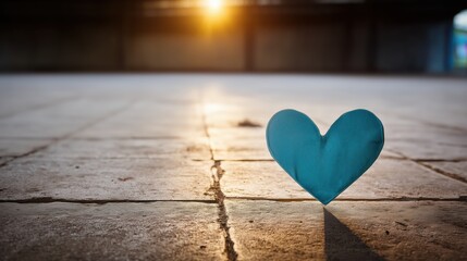 Fototapeta premium Teal Heart Object Standing on Concrete Floor at Sunset