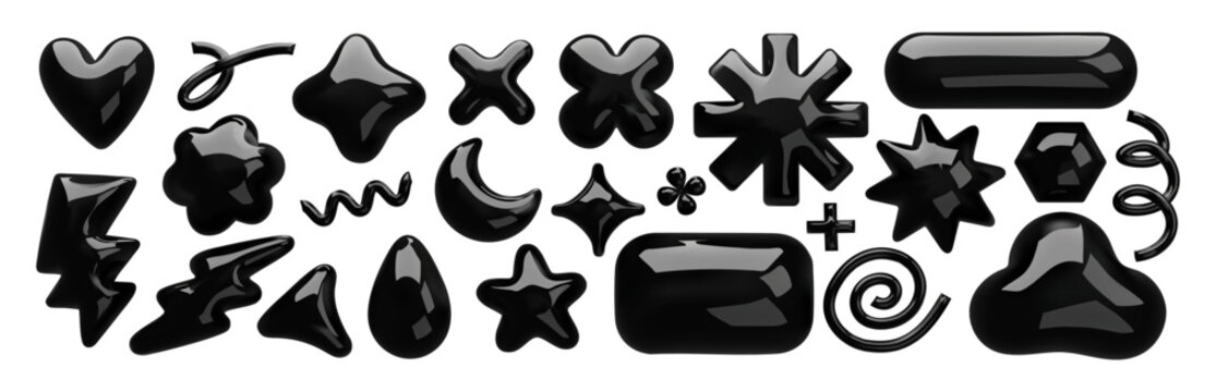 A collection of 3D vector shapes and symbols in black color. This 3D set includes lightning bolts, stars, clouds, raindrops, triangles, plus signs, rectangles, and lines.