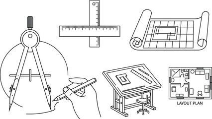 Architectural drafting icons set, compass ruler blueprint tools, floor plan layout, technical drawing desk, architecture outline vector pack © Shuvo creative