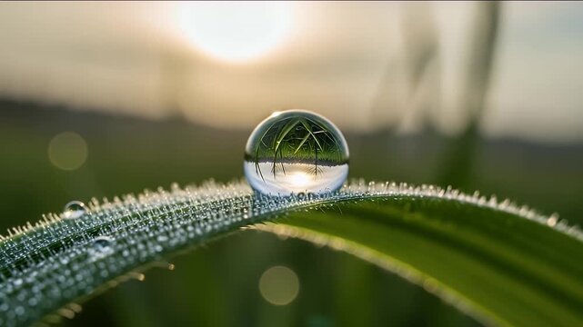 dewdrop on grass blade reflection at sunrise macro closeup nature video