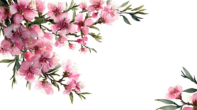 Pink cherry blossoms on white background with green leaves pink flowers floral 1 - Powered by Adobe