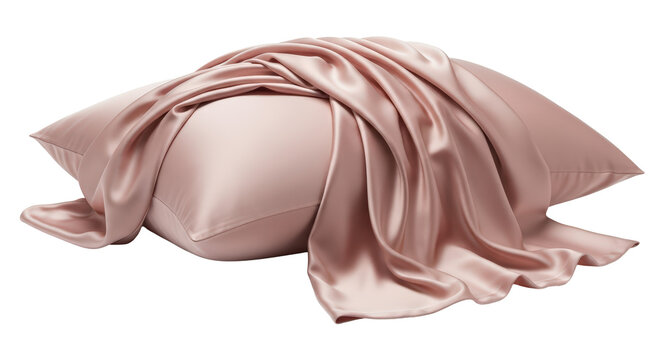 A pink satin pillow with a matching silk sheet on transparent background