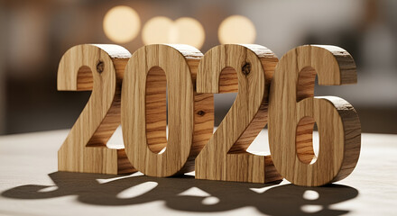 Wooden number "2026" on a table with soft background lights, creating a warm, inviting feel