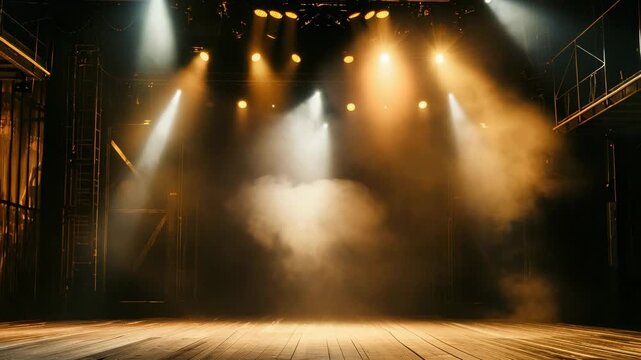 Empty theater stage with spotlights and smoke