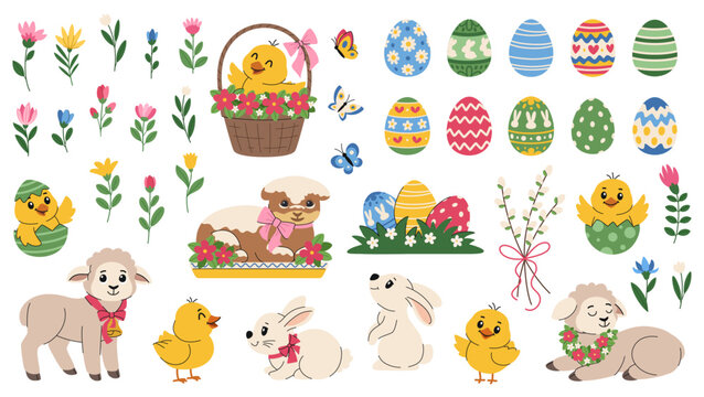 Easter vector set. Cartoon Easter bunnies, painted eggs, chicks, lambs with bows, spring flowers, and butterflies. Elements for Easter holiday design