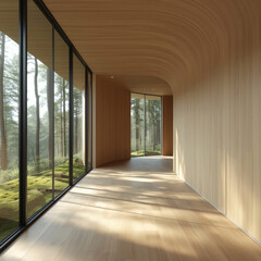 Obraz premium Interior of a Modern Sustainable Office with Curved Wooden Walls and Forest View (generative ai)