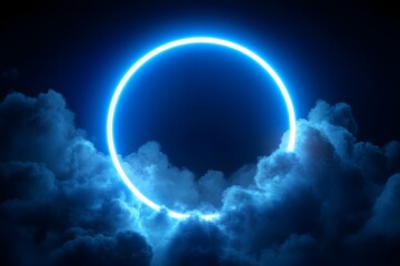 Obraz premium Glowing neon circle illuminates dark night sky surrounded by dramatic deep blue moody luminous clouds creating abstract futuristic background