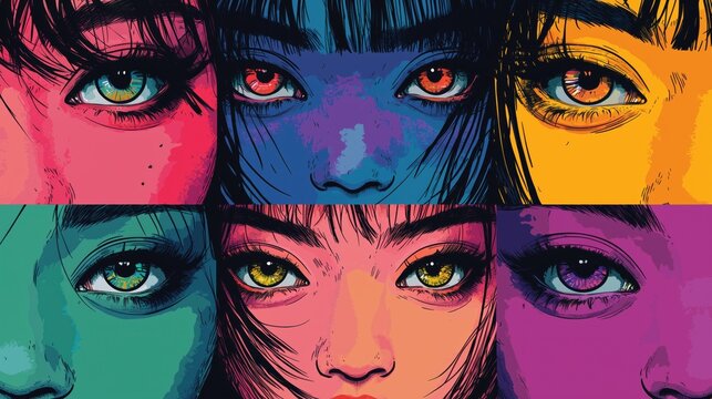 Manga inspired illustration of expressive Asian eyes in vibrant pop art style, symbolizing emotion, diversity and modern culture, ideal for posters, banners, creative design
