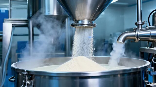 Medium shot of industrial spray dryer system transforming liquid whey into fine powder capturing steam and particle flow in a clean production environment.