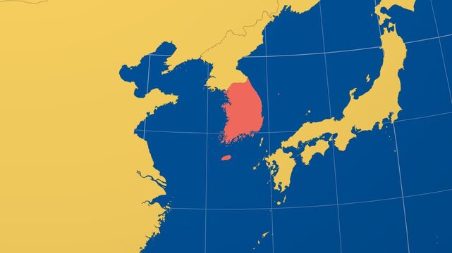 Republic of Korea on Globe. Animated zoom into the country in Ocean Blue Golden Yellow color palette. Republic of Korea logo animation. Map with meridians, parallels. Neat video.