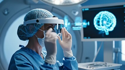 Surgeon wearing AR headset examines brain scan in hospital operating room. Doctor uses AR technology viewing brain display. Surgeon with headset analyzes brain scan. Medical AR in surgery room. - Powered by Adobe