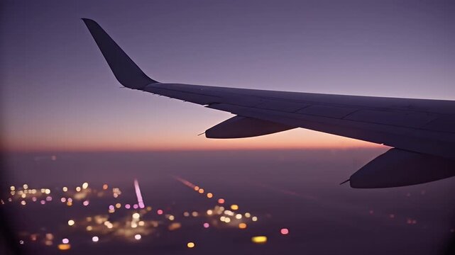 Airplane wing perspective over illuminated cityscape at twilight dusk soft purple sky gradient beautiful bokeh lights