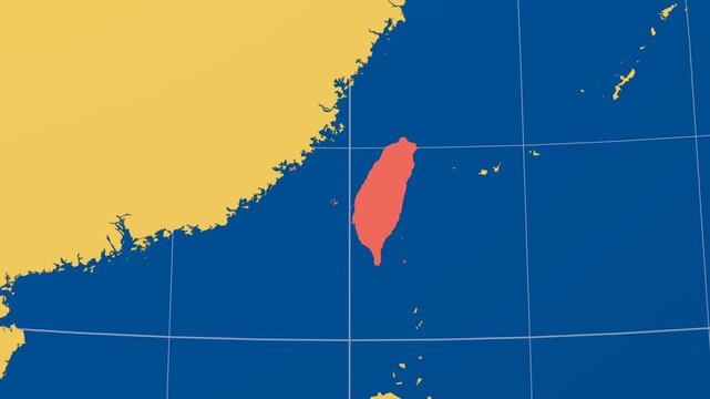 Taiwan on Globe. Animated zoom into the country in Ocean Blue Golden Yellow color palette. Taiwan logo animation. Map with meridians, parallels. Awesome video.