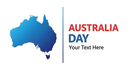 Obraz premium Iconic blue silhouette map of Australia positioned next to bold red and blue text celebrating Australia Day national public holiday observance