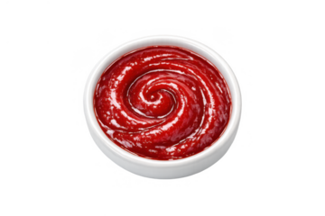 Ketchup sauce swirling in a white dipping bowl, ready for food, isolated with transparent background