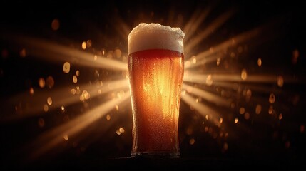 Beer glass filled with amber liquid and foam illuminated by light in a dark setting creating a bright effect