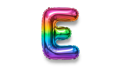 A charming, glossy rainbow-hued inflatable balloon in the shape of the uppercase letter E is isolated on a bright white background.