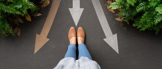 Woman stands on asphalt street making a choice with arrows pointing in different directions from a top view perspective