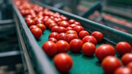 Fresh red tomatoes traveling on a conveyor belt in a packing facility during daytime harvesting hours