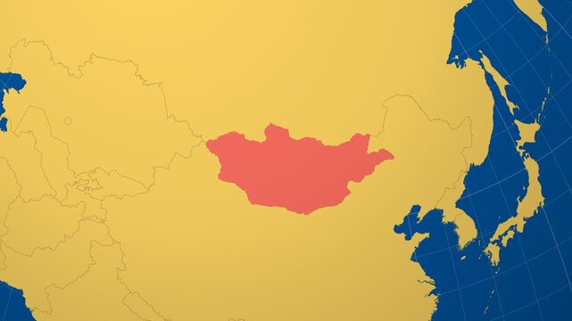 Mongolia on Globe. Animated zoom into the country in Ocean Blue Golden Yellow color palette. Mongolia logo animation. Map with meridians, parallels. Amazing video.
