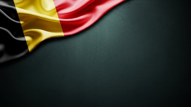 Waving Belgium national flag on a dark textured background with ample copy space.