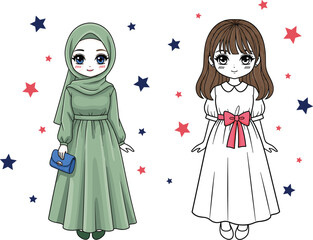 Cute chibi anime girl characters featuring one in a green hijab and one in a white dress with red stars.