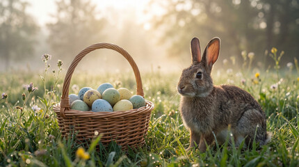 Rabbit sitting beside basket of colorful eggs in grassy meadow