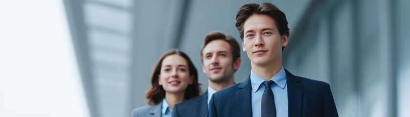 Fototapeta premium Professional business team walking confidently in urban setting with modern architecture backdrop
