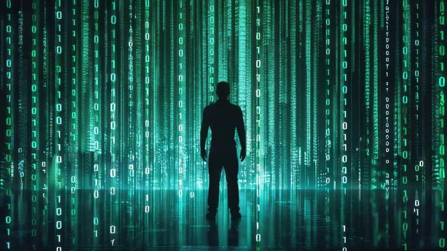 man silhouette in digital cyber space technology animation
