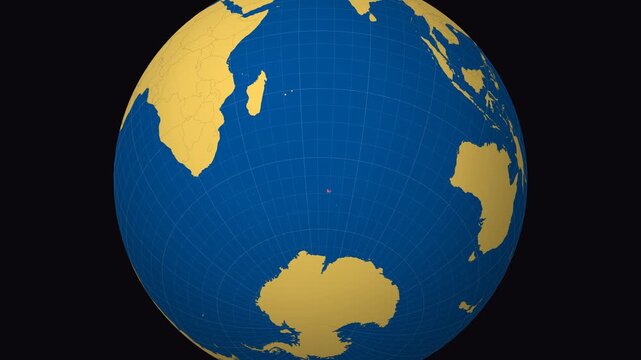 French Southern and Antarctic Lands on Globe. Animated zoom into the country in Ocean Blue Golden Yellow color palette. French Southern and Antarctic Lands logo animation.
