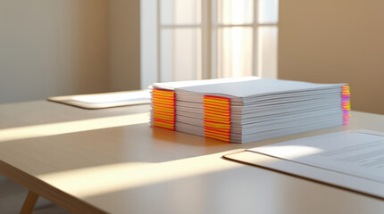 Stack of neatly organized documents with colorful tabs on a wooden desk, illuminated by natural light from windows, creating a warm and inviting workspace atmosphere